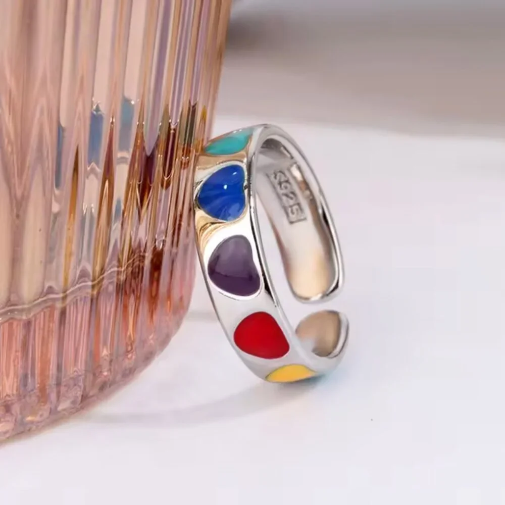 925 Sterling Silver Multicolor Heart Ring | Y2K Adjustable Enamel Band - Picture 3 of 6